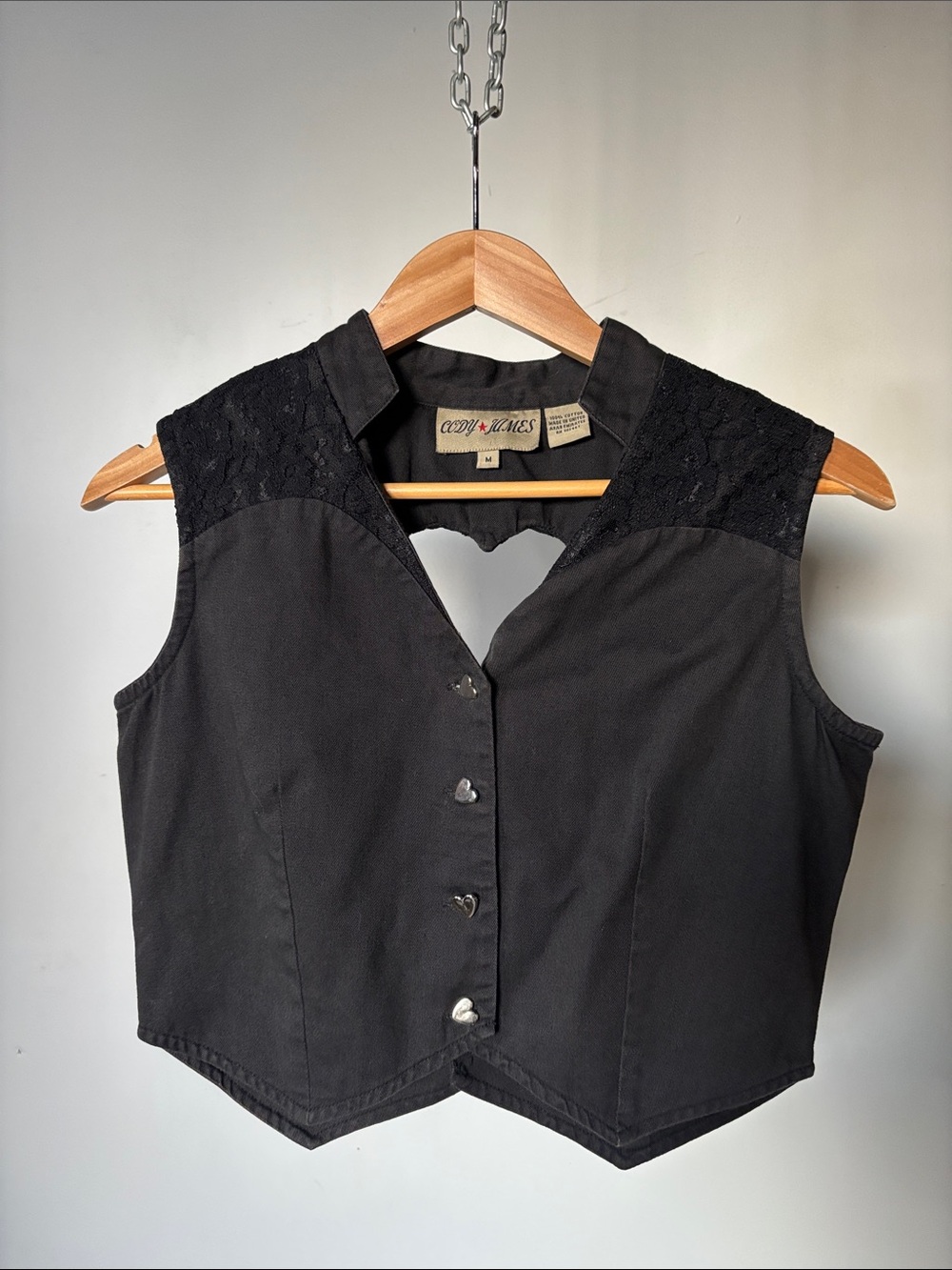 Vintage Black Heart Button-Down Vest with Lace Shoulders Heart Back Cutout